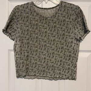American Eagle Outfitters Olive Green Floral Ruffle-Trim Cropped Tee